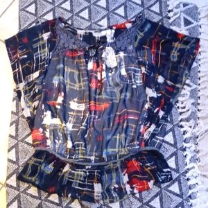 Blue Velvet 1X Plaid and Crotchet Boho Blouse
